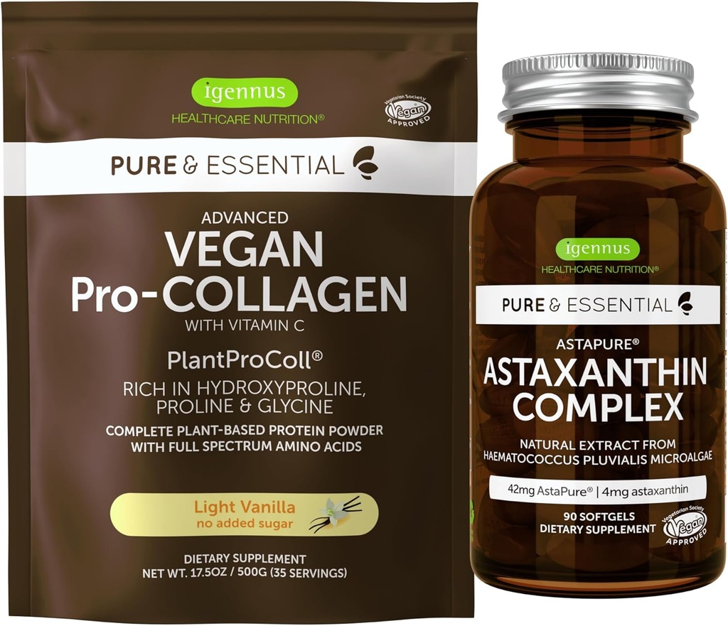 Vegan Vanilla Collagen Protein Powder + Astaxanthin Complex Vegan Bundle, Collagen Boosting Formula + Natural 4mg H. Pluvialis Astaxanthin for Hair, Skin & Nails, by Igennus