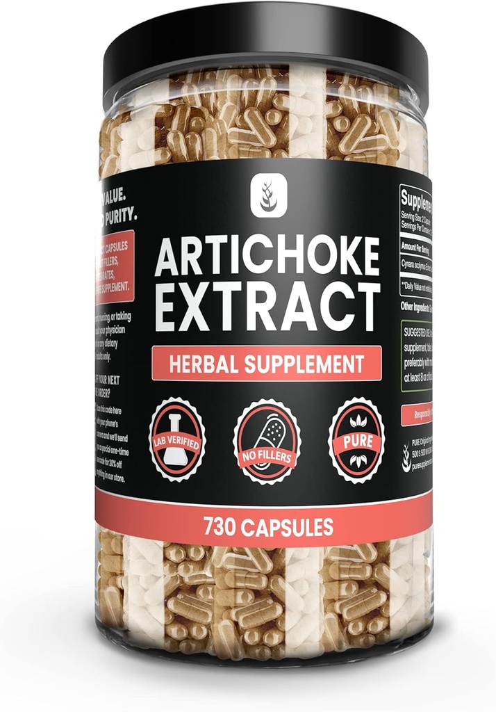 PURE Original INGREDIENTES Extracto de Artichoke (730 capsules) No hay magnesio o rifles de arroz, siempre puro, Verificado