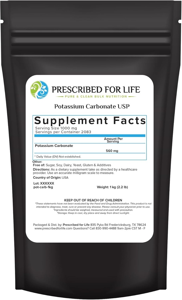 Prescrito para la Polvo de Carbonato de Potasio de Vida, Potina de Grado de Alimentos Natural de la USP para Plantas, Jabón, Suplementos, &amp; Más, Polvo de Potasio de Pure Bulk (1kg / 2.2lb)