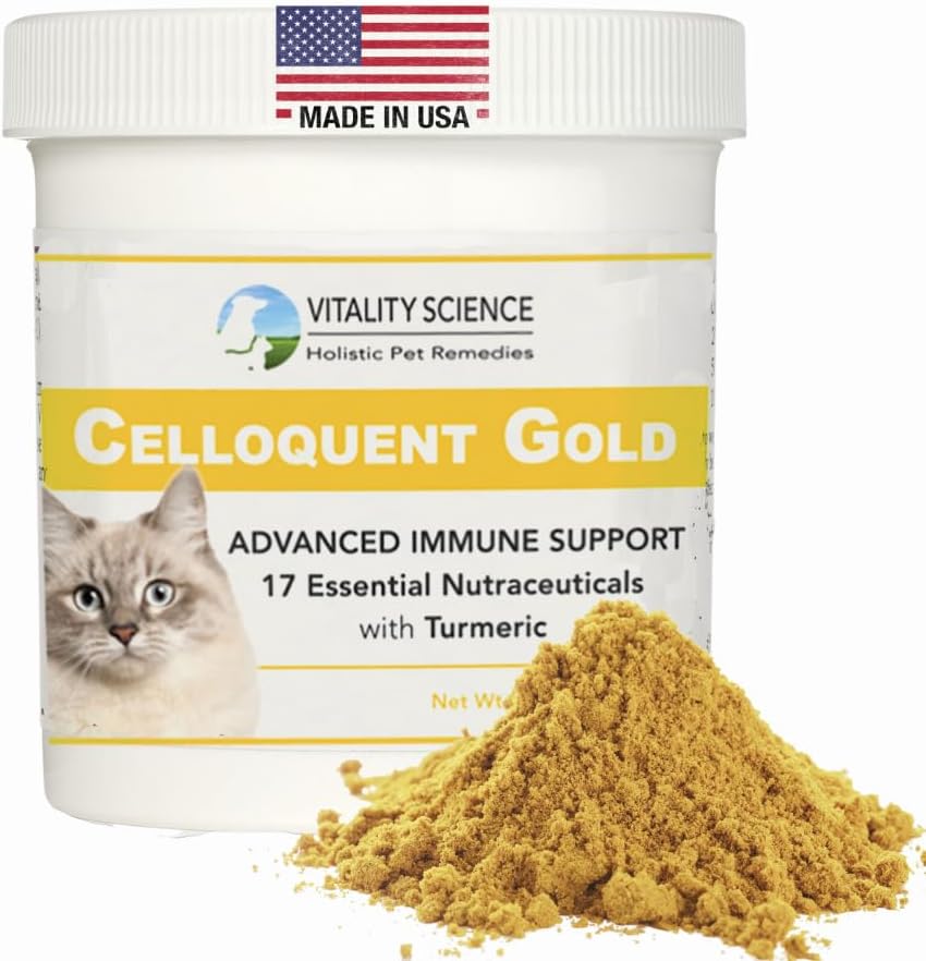 Vitality Science Celloquent Gold for Cats ← Holistic Advanced Immune Support Supplement TEN 17 Synergistic Ingredients ← Auto Immune, Vomit and Diarrhea, Depression (120g)