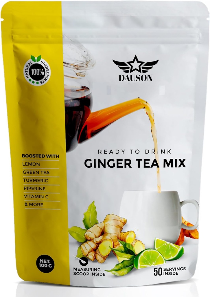 Ginger Lemon Herbal Tea Powder – Refreshing Blend with Licorice, Turmeric, Decaf Green Tea, Vitamin C – Caffeine-Free, Vegan, Gut-Friendly Detox Tea – 50 Servings