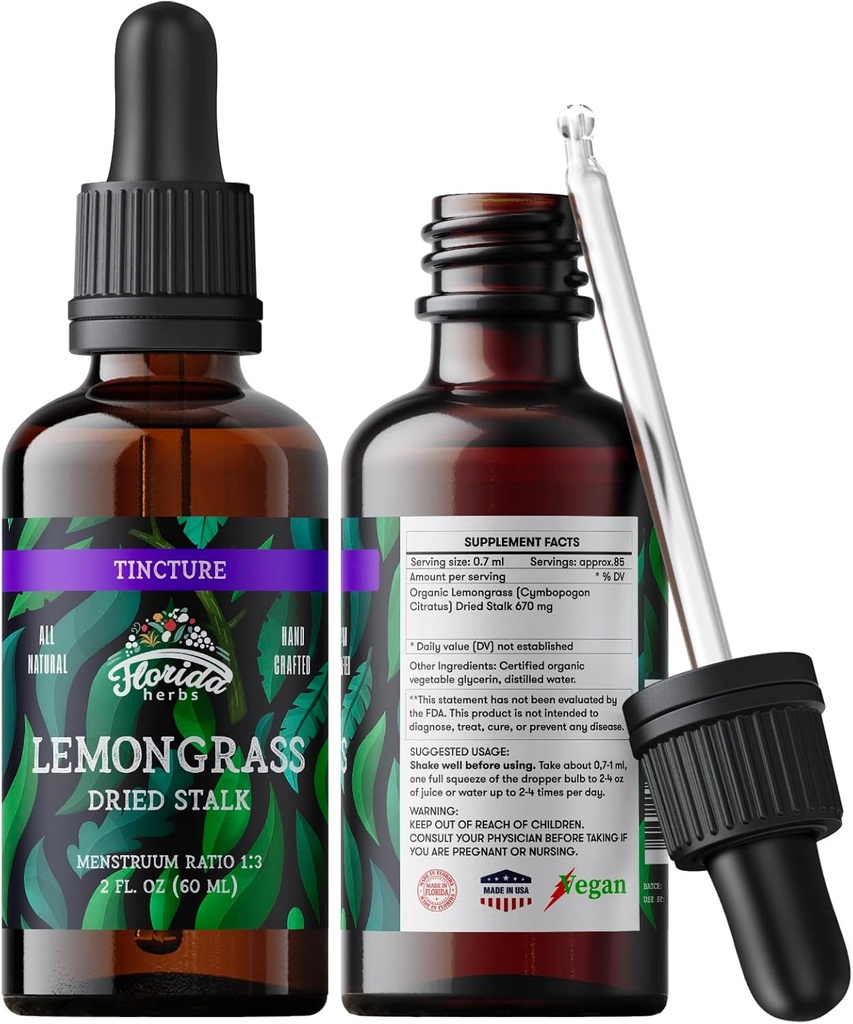 Limongrass Tincture, Extracto de Lemongrass Orgánico (Cymbopogon Citratus) Suplemento Herbal, No-GMO en Glicerina Vegeta orgánica prendida en frío, 700 mg, 2 oz (60 ml)