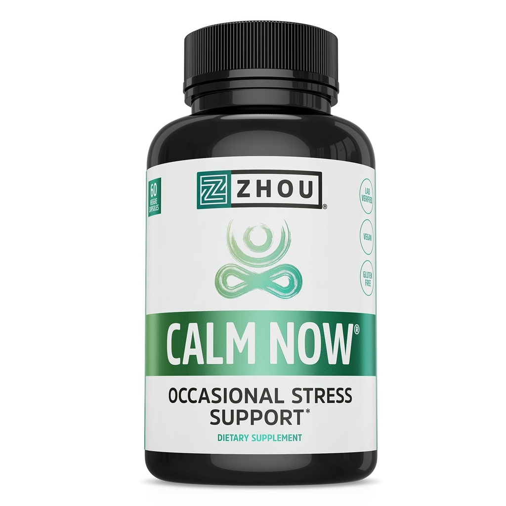 Zhou Calm Now - Suplemento de calma, Vitaminas de calma para hombres y mujeres, píldoras para relajarse para adultos con GABA " Ashwagandha, Stress " Focus Support - 60 cápsulas vegetarianas