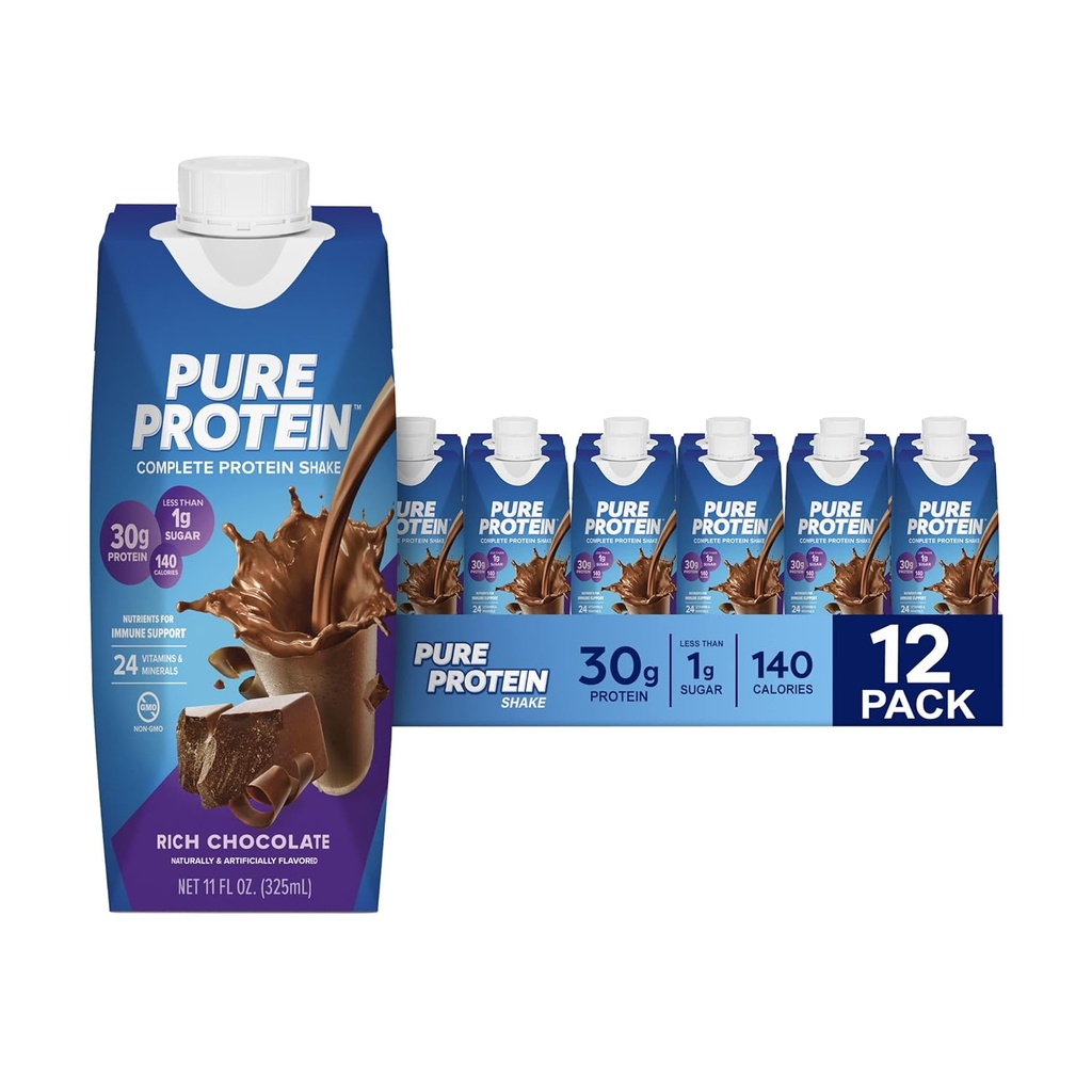 Afeitado de proteínas de chocolate puro, 30g Proteína completa, listo para beber y Keto-Friendly, Vitaminas A, C, D, y E más Zinc para soportar la salud inmune, botellas de 11oz, 12 Pack