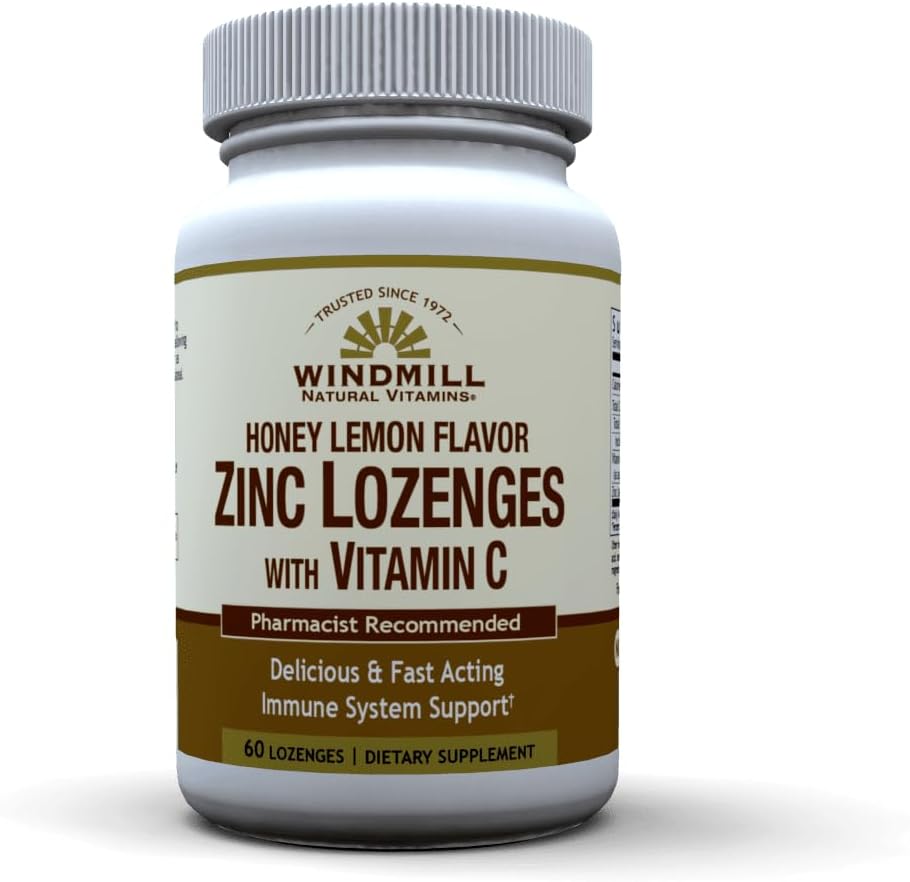 Windmill Health Products Vitaminas Naturales Zinc Lozenges with Vitamin C Honey Lemon Flavor, Immune System Support, Provides Antioxidant Support, Delicious & Fast Acting, 60 Lozenges, 60 Servings.