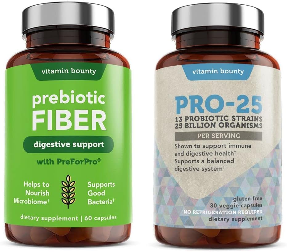 Vitamin Bounty Pro-25 Probiotics and Prebiotic Fiber Bundle - Dietary Fiber, 13 Probiotic Strains, Gut Health, Digestive Health, Delayed Release - Bundle