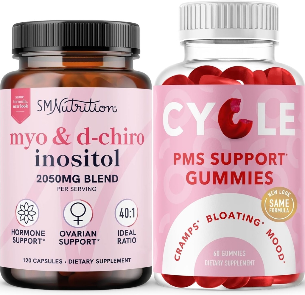 SMNutrition PMS Support Gummies & Myo-Inositol " D-Chiro Inositol ANTE Hormona Balancing Bundle with 40:1 Ratio Inositol Supplement (30 Servings) and Herbal Cycle Support Gummies for Women (30 Servings)