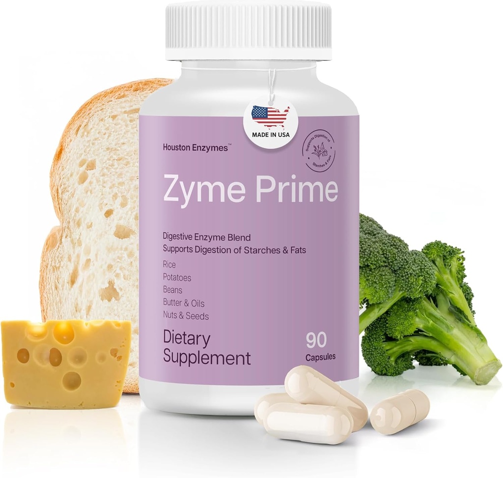 Houston Enzymes - Zyme Prime - 90 cápsulas - Enzymes Digestivos Mujeres &amp; Hombre Enzyme, Digestión para Carb, Fat &amp; Protein Breakdown, Ayuda a las intolerancias, Bloating &amp; Gas, Suplemento Digestivo de Salud