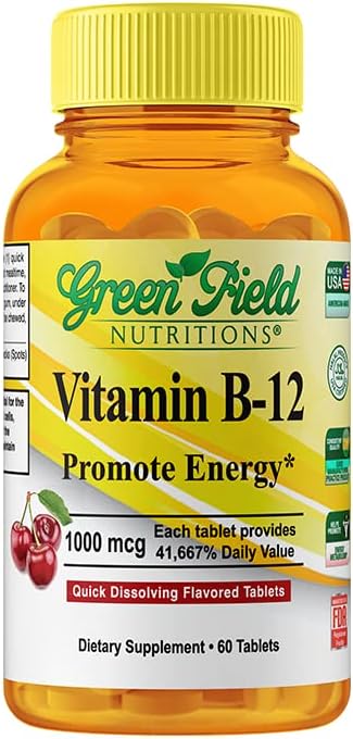 Greenfield Nutritions Halal Vitamin B12 1000mcg - Cherry Flavored Fast Absorption 60 Sublingual B12 Tablets - Natural B12 Halal Vitaminas, apoya el cerebro, la salud de células sanguíneas y el metabolismo energético