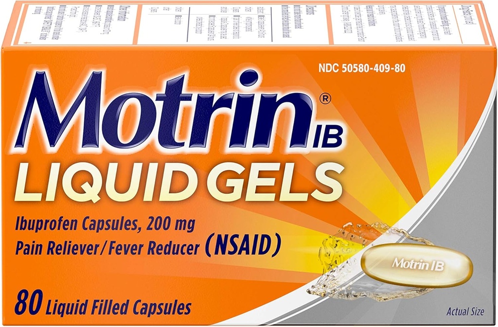 Motrin IB 200mg Ibuprofen Liquid Gel Dolor Alimentador/Fever Reductor para dolor, 80 ct