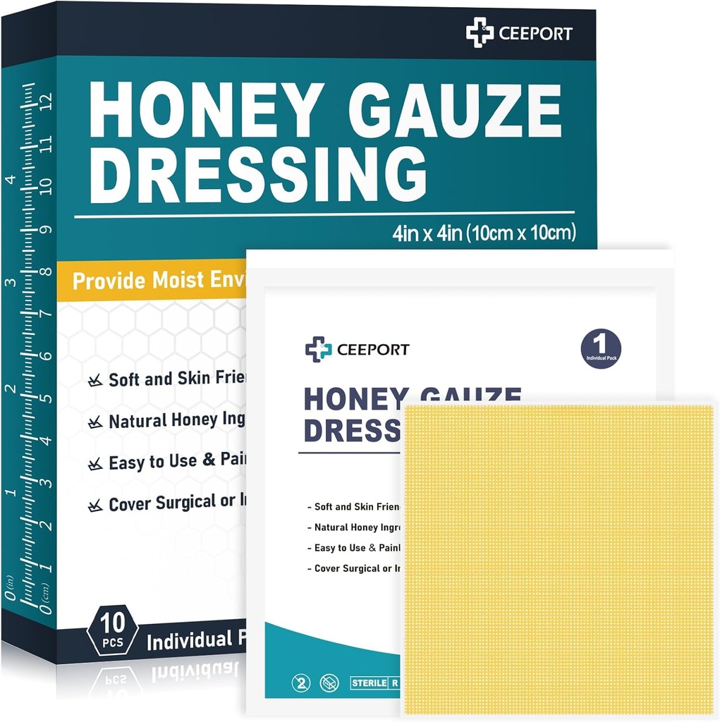 Miel Gauze Wound Dressing, 4" x 4" Manuka Honey Wound Care, Medical Grade Honey Bandages for Wound Care, Honey Patch for Faster Healing from Burns, Abrasions, Cuts and Scalds (Pack of 10)