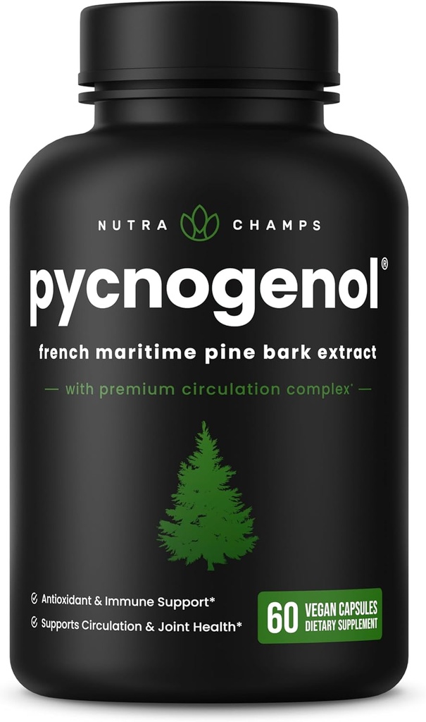 NutraChamps Pycnogenol Extracto de pino marítimo francés, Complejo de Circulación Premium, Flujo de Sangre, Producción de óxido nítrico, Absorción Superior, Resultados con Extracto de Pepper Negro, 60 cápsulas