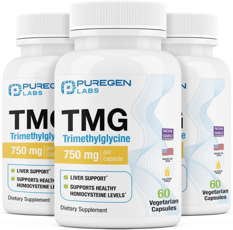Puregen Labs TMG 750 mg – Trimethylglycine Supplement – Non-GMO, NO Gluten and Dairy | Made in USA - 3 Pack | Total 180 Vegetarian Capsules