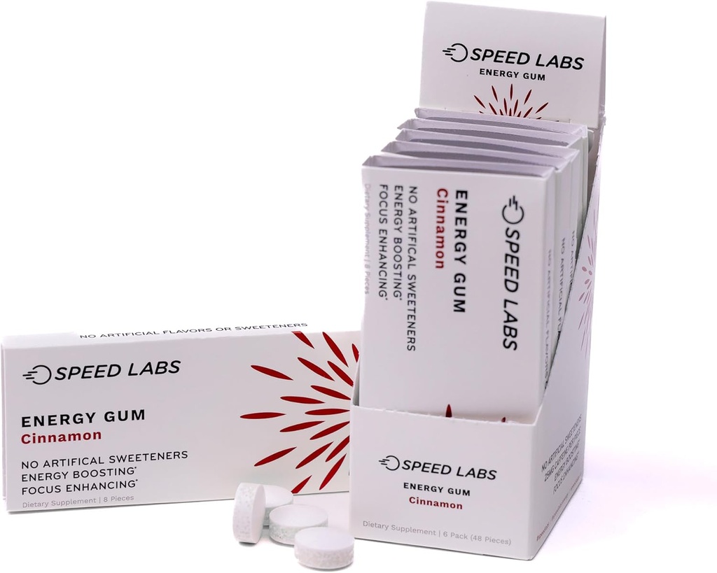 Laboratorios de Velocidad Cinnamon Natural Caffeine Energy Gum 25mg Caffeine, Taurine, B Vitaminas Por Pieza, 48 Cantidades (6 Packs de 8) Sugar Gratis, Cero Calories, Naturalmente Endulzado, Gluten Gratis
