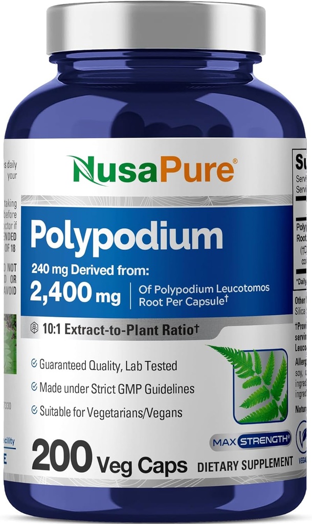 NusaPure Polypodium Leucotomos 10:1 Extracto, 240 mg Equivalente a 2400mg 200 cápsulas vegetales (Vegetariano, No GMO, Vegan)