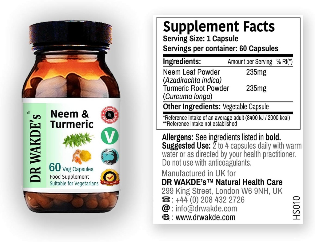Neem &amp; Turmeric Capsules de DR WAKDE   60 Veg Caps ← Suplemento ayurvédico Silencio Vegan tención 100% Herbal Silencio Cantidad Descuentos Silencio Mismo Día