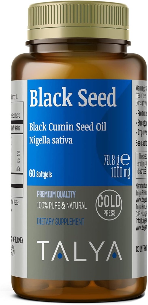 TALYA Black Seed Oil Softgel with High Thymoquinone - Immune Support - Digestive Health - Brain Function - Mix Mobility - Cold-Pressed from Non-GMO Turkish Black Cumin Nigella Sativa Seeds