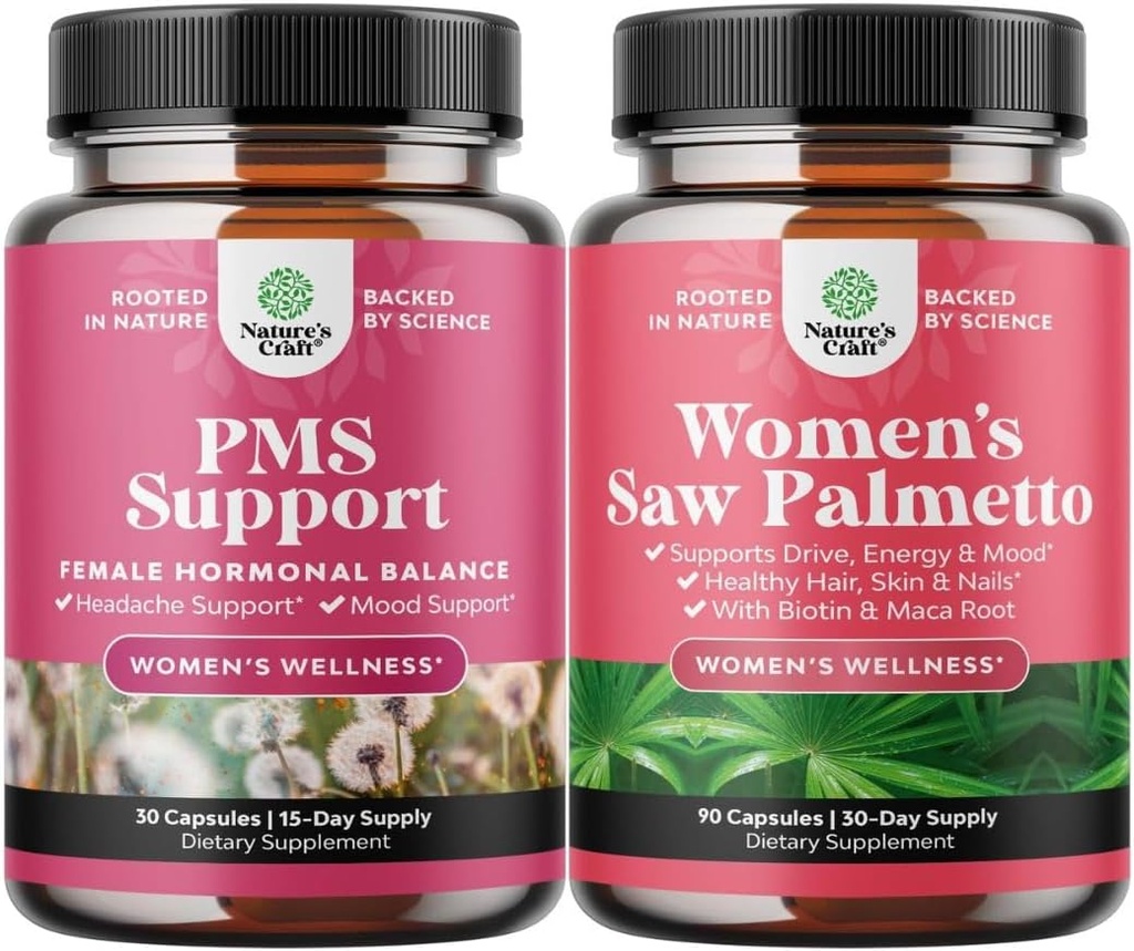 Bundle of PMS Support and Saw Palmetto for Women - DIM, Chasteberry, Black Cohosh & Ashwagandha for Period Cramps, Bloating, Mood Swing y Saw Palmetto Extract with Maca Root & Biotin for Hair Loss