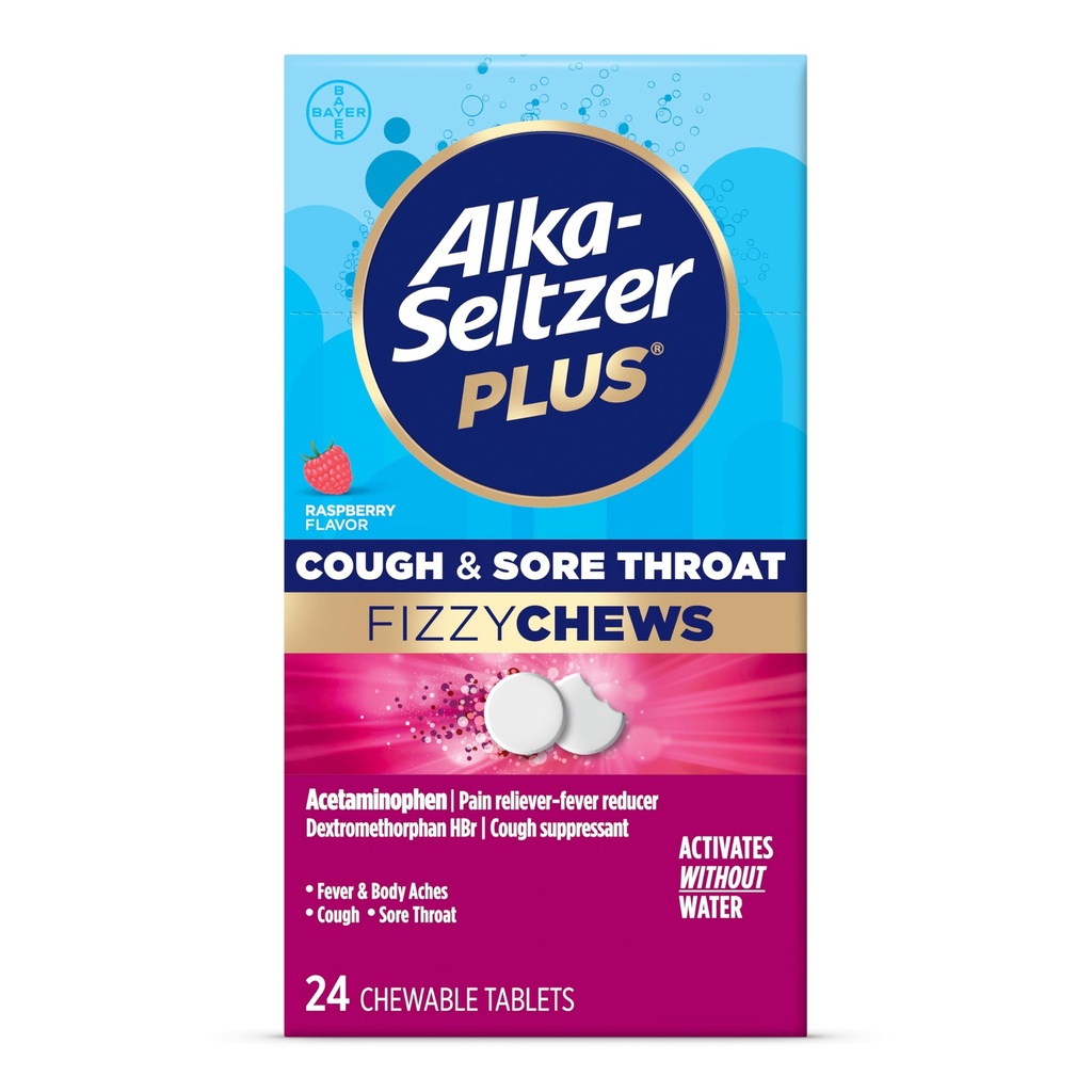 Alka-seltzer Plus Cough &amp; Sore Throat Fizzy Chews, No Water Needed, On The Go Sore Throat Relief for Adults, Raspberry Flavor, 24 Count