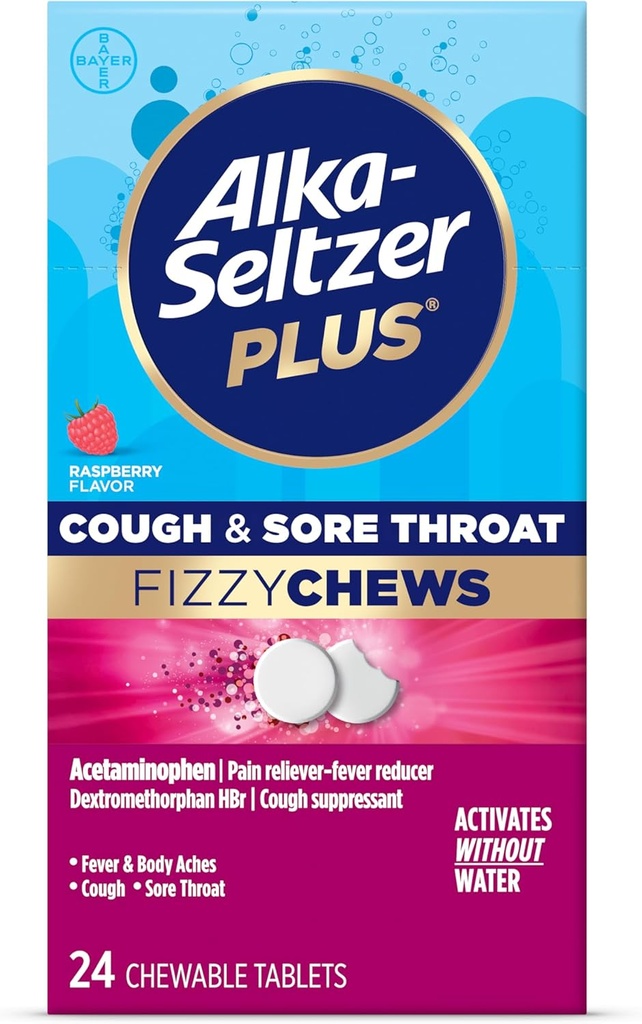 Alka-seltzer Plus Cough &amp; Sore Throat Fizzy Chews, No Water Needed, On The Go Sore Throat Relief for Adults, Raspberry Flavor, 24 Count