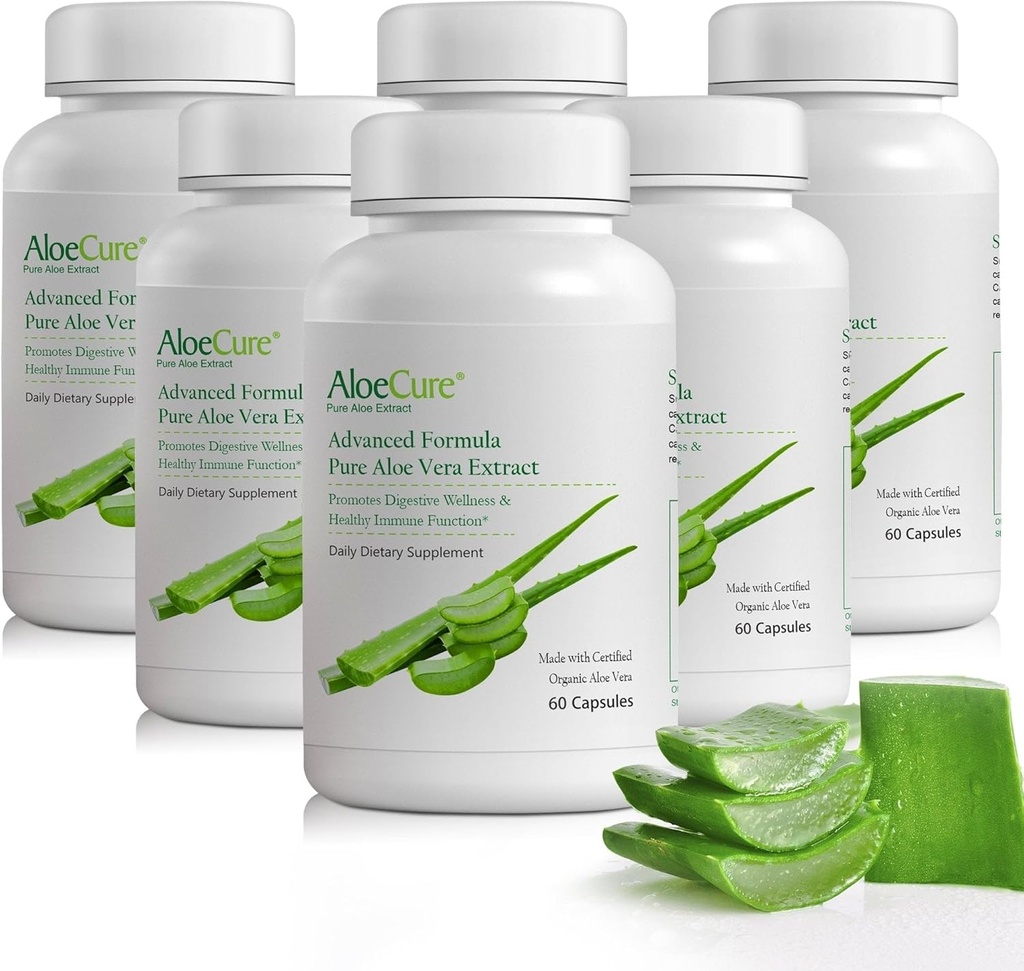 AloeCure Organic Aloe Vera Capsules, 130,000mg Inner Aloe Leaf Equivelant per Serving, Support Gut Health & Digestive Comfort, Stomach Acid Buffer, Natural Immune Supplement, Aloin Free, 60 cápsulas