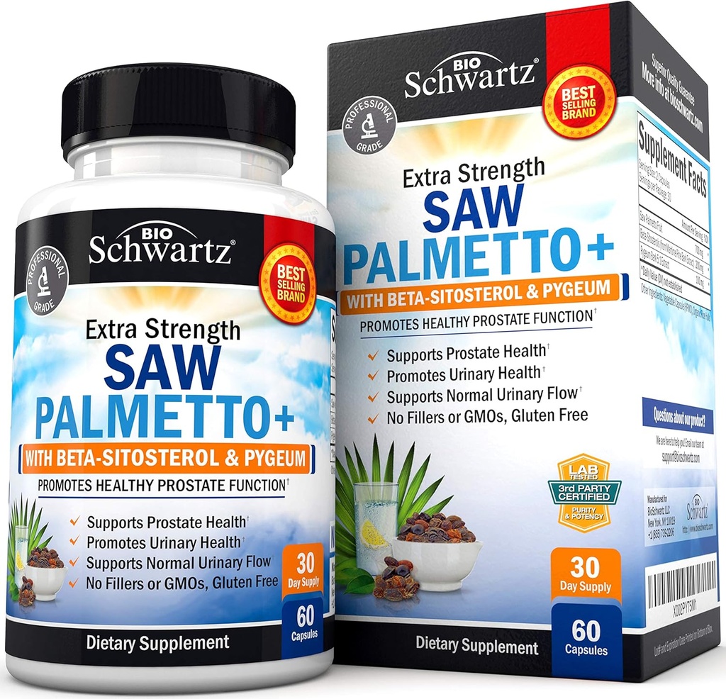 Saw Palmetto for Hombres with Pygeum Bark Extract and Beta-Sitosterol - Supports Prostate Health and Healthy Prostate Function - Promotes Urinary Health and Normal Urinary Flow - Non GMO Gluten Free 60 Ct
