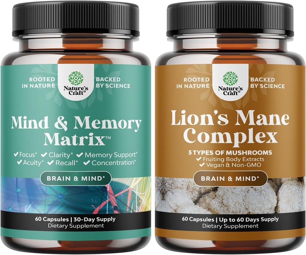 Bundle of Advanced Nootropics Brain Support Supplement with Memory & Focus Vitamins and Advanced Lion's Mane Mushroom Supplement with Reishi, Chaga, Maitake " Shiitake for Memory Support " Focus