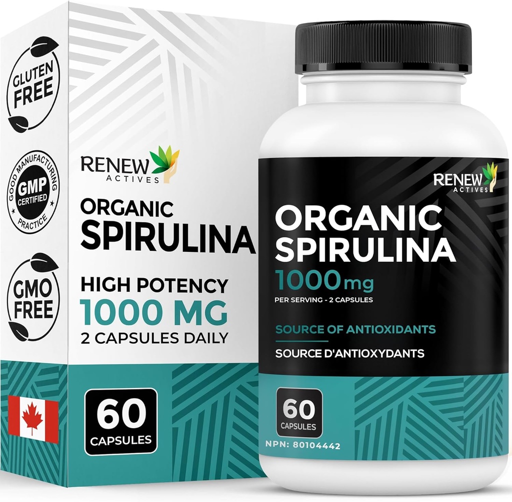 Renew Actives Organic Spirulina 1000MG per 2 Capsules – Superfood for Men &amp; Women – Supports Energy, Wellness & Immune Function – Rich in Antioxidants & Nutrients – Made in Canada – 60 cápsulas