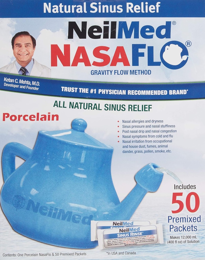 NeilMed Nasaflo Porcelain Neti Pot, 50 Cuenta (el embalaje puede variar)