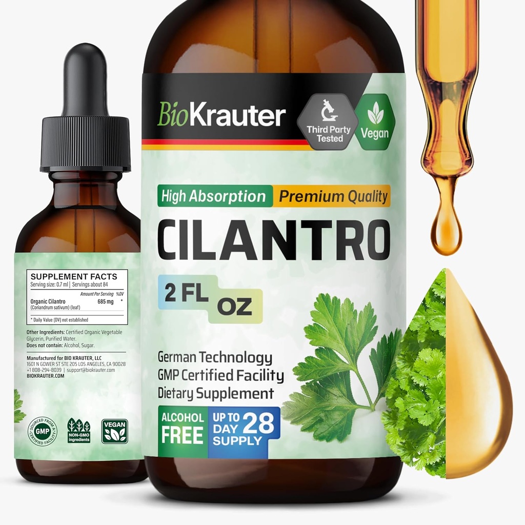 BIO KRAUTER Cilantro Suplemento - Rich Source of Antioxidants - Limpieza natural " Detox Cilantro Tintura - Vegan, Alcohol Free Drops 2 Fl. Oz.