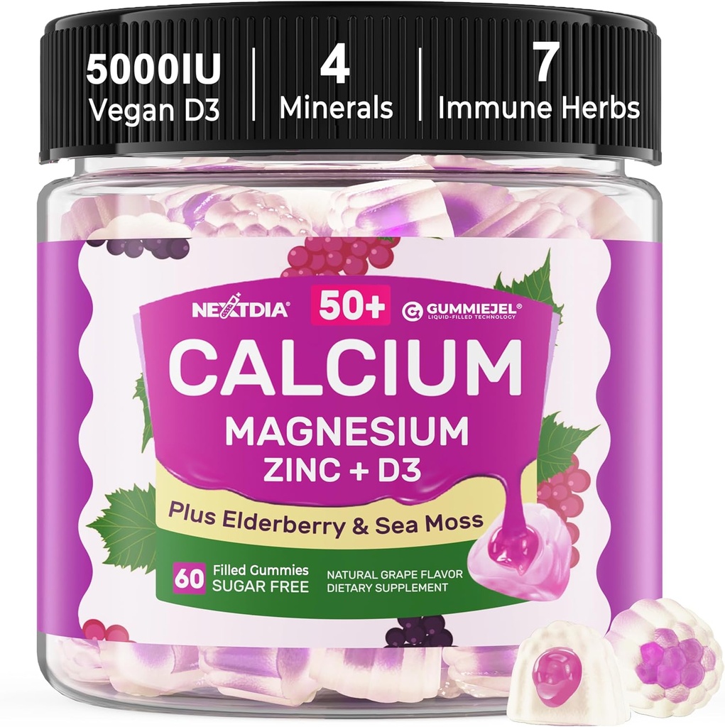 Suplementos de calcio Gummies for Women &amp; Men 50+, Citrato de calcio 1000 mg con vitamina D3, Magnesio, Zinc, Elderberry, High Absorption Calcium Chews for Bone Density, Relax Muscle, Immune, Vegan 60cts