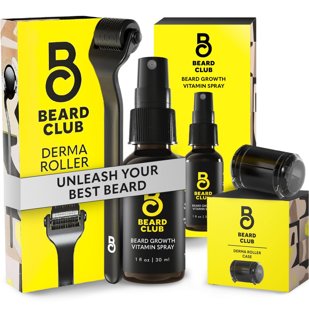 Beard Club Premium Derma Roller & Biotin Beard Growth Vitamin Spray - Microneedle Roller for Men and Women with 540 Titanium Microneedles - Beard Roller & Beard Oil for Face, Body and Scalp