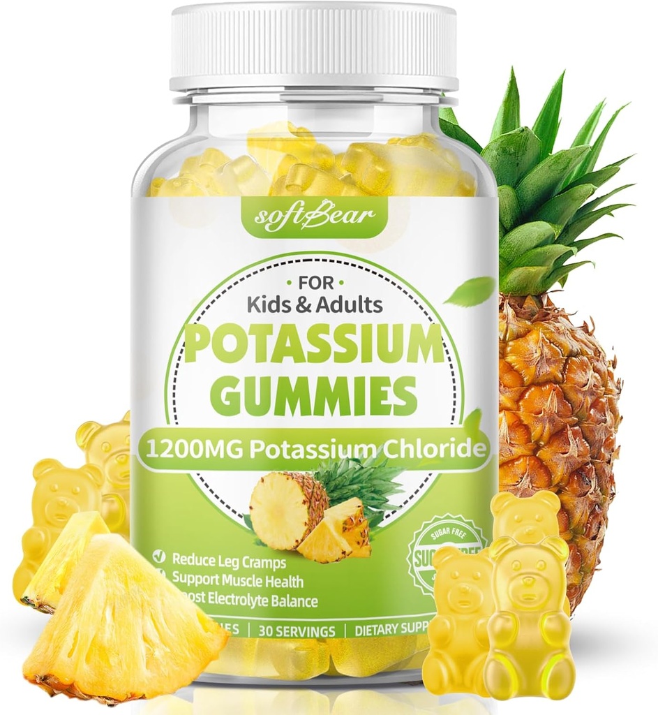 softbear Potassium Chloride Gummies 1200mg, Gamas de Potasio Libre de Azúcar para Adultos Soporte Leg Cramps High Potency Potassium Chloride Suplemento, Pineapple Flavor 60 Conde