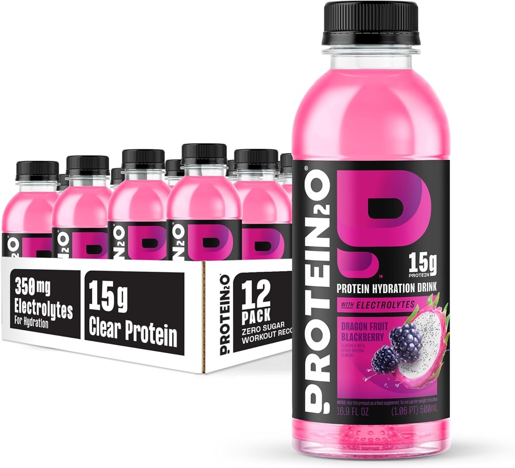 Bebida de hidratación Protein2o - 2-en-1 Liquid Clear Whey Protein Isolate and Electrolyte Drink - 15g Proteína, Vitaminas B5, B6 - Recuperación de Post-Workout - 16.9 Fl Oz - 12 Conde Fruta de dragón Blackberry