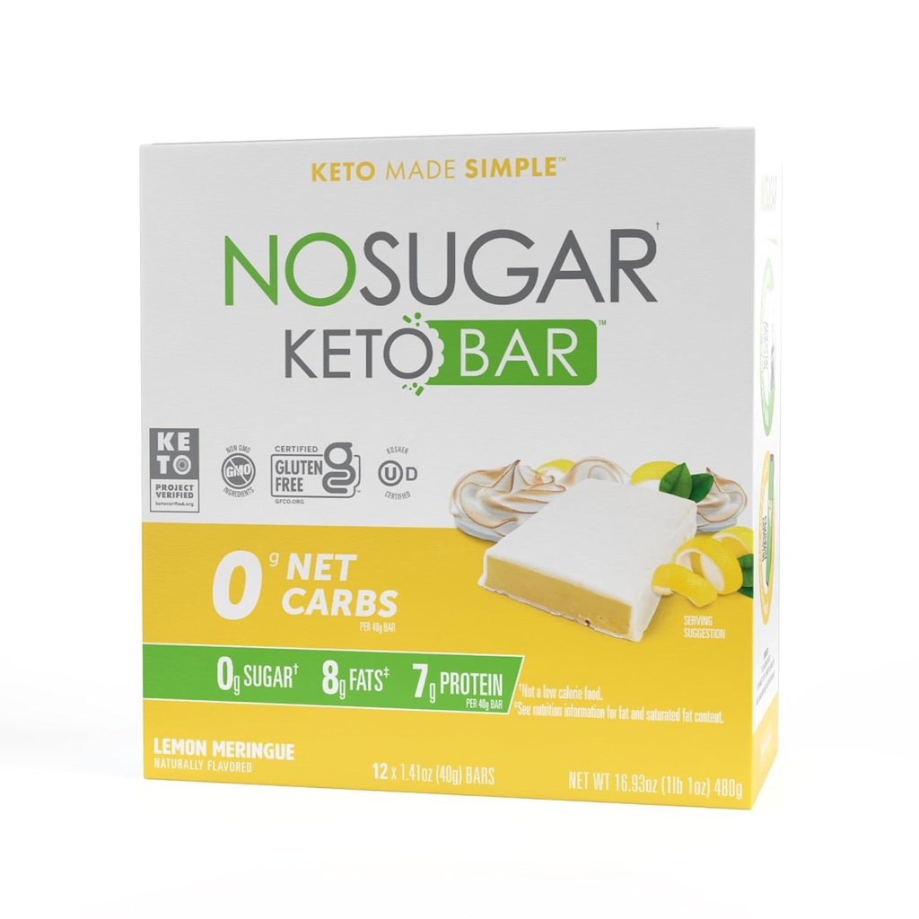 No Sugar Keto Bar Snacks - Lemon Meringue Flavor - Bajo Carb No Sugar Keto Snack Food Bar con Keto Friendly Macros, 0g Net carb, 7g Plant Based Protein, 8g Healthy Fat, Sugar Free (0g) - 12 Bares