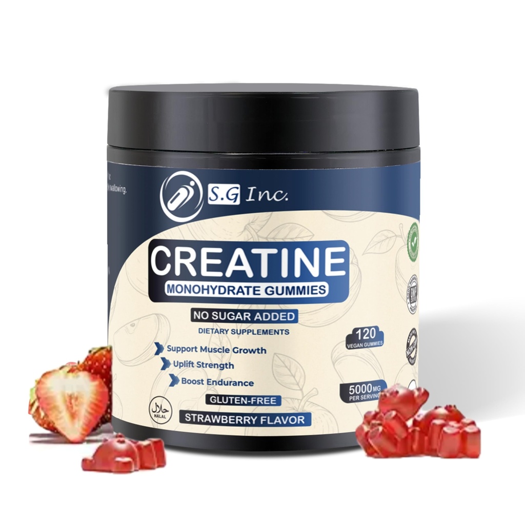 S.G Creatine Monohydrate Gummies for Men &amp; Women ‒ Sugar Free - Vegan - 5g Creatine for Muscle Support - Pre-Work Out Chewable Supplements for Energy Boost − Strawberry Flavored 120ct Gummies.