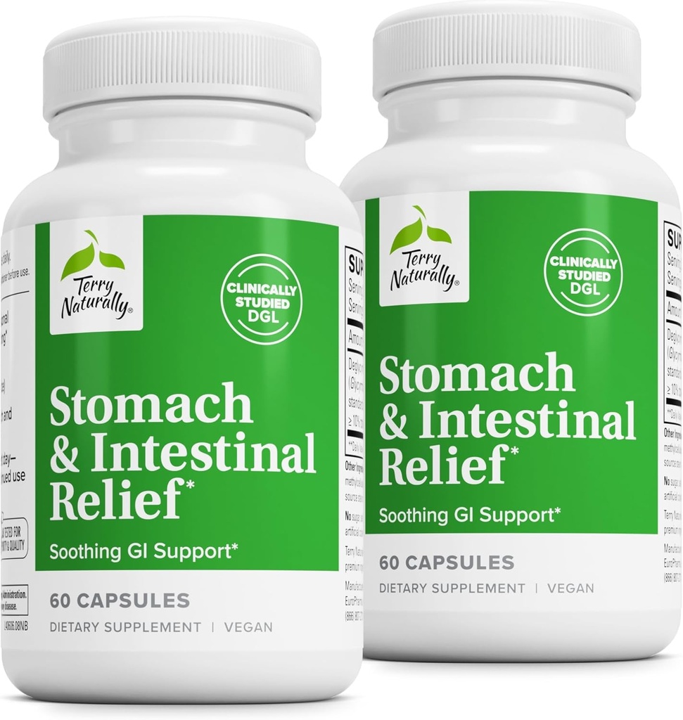 Terry Naturally Stomach & Intestinal Relief - Supplement to Aid Digestive Health & Intestinal Lining - Aids Against Occasional Digestive Discomfort to Soothe Stomach - 60 Capsules (2 Pack)