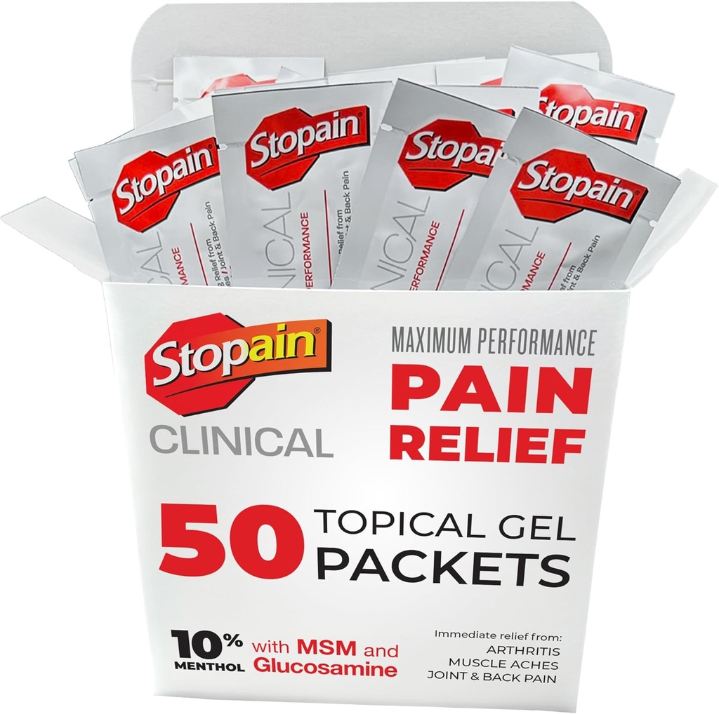 Stopain Pain Relief Clinical Gel Packets, USA Made, Max Strength Fast Acting with MSM, Glucosamine, Menthol for Arthritis, Lower Back Sciatica, Knee, Neck HSA FSA Topical Analgesic Products, 50 Pack