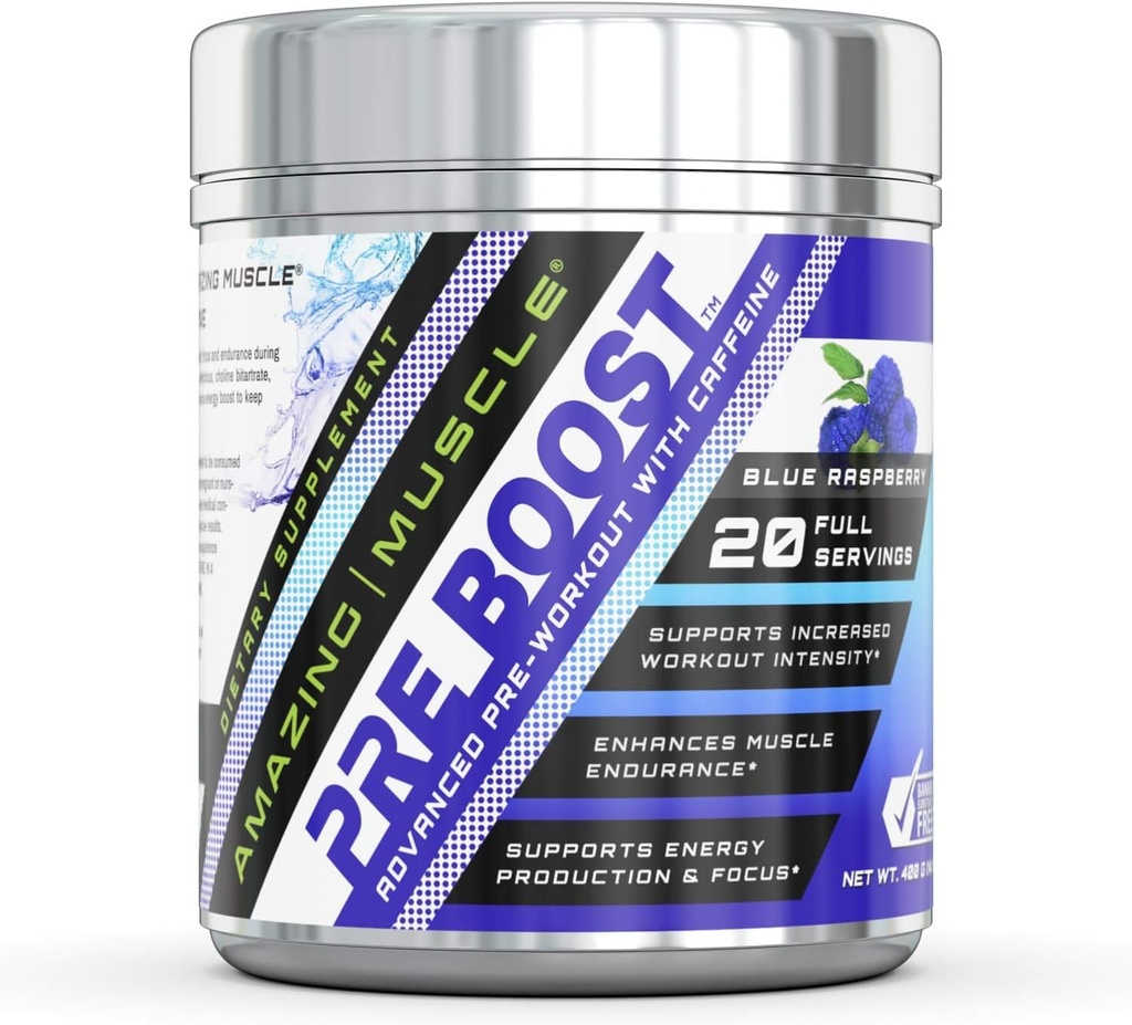 Amazing Muscle Pre Boost Fórmula con suplemento de cafeína 20 Sirviendo Per Container ¦ Blue Raspberry Flavor