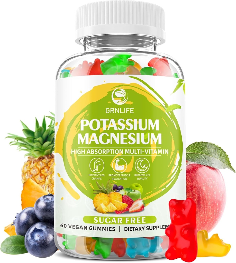 Potasio Magnesio Suplemento Gummies, Potasio Gummies para Adultos Niños, Alta Absorción Magnesio Glycinate para Leg Cramps & Immune Health, Libre de Azúcar, Vegan Mixed Flavors, 60 Condes