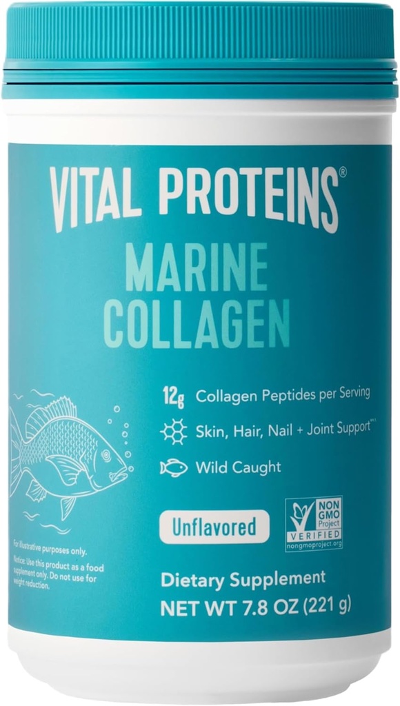 Proteínas Vital Peptides de Collagen Marina Suplemento de Polvo para Junta de Pelo de Piel - Collagen Hidrolyzed - 12g por Serving - 7.8 oz Canister