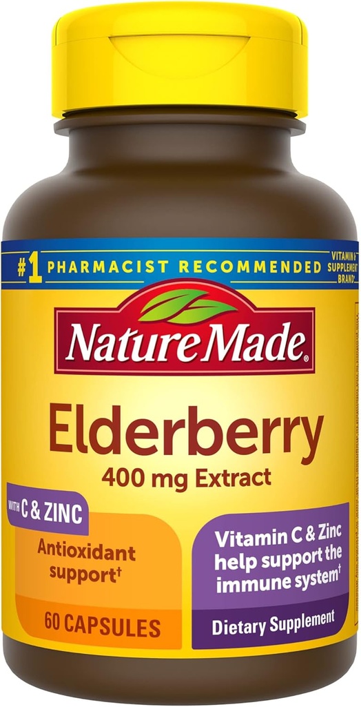 Nature Made Elderberry 400 mg Extracto con Vitamina C y Zinc, Suplemento dietético para Apoyo Inmunitario, 60 cápsulas, 60 días de suministro
