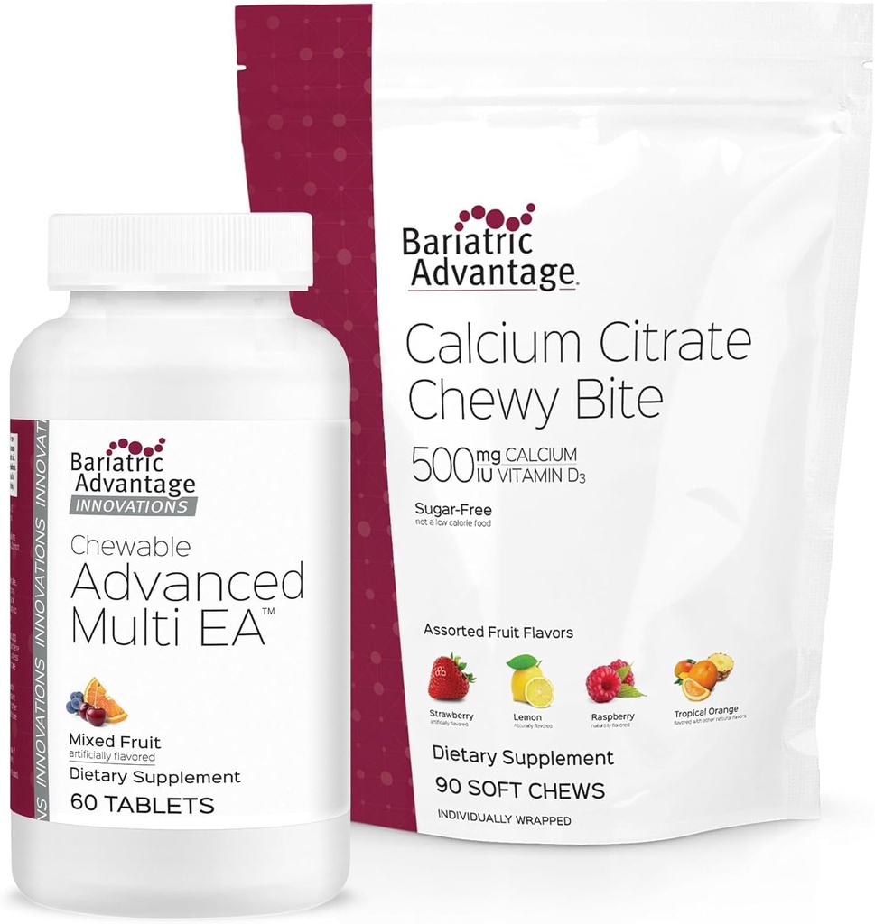 Bariatric Advantage Chewable Advanced Multi EA Sin Hierro - Fruta mezclada, 60 Conde y Calcio Citrate Chewy Bites 500 mg - Fruto surtido, 90 Conde