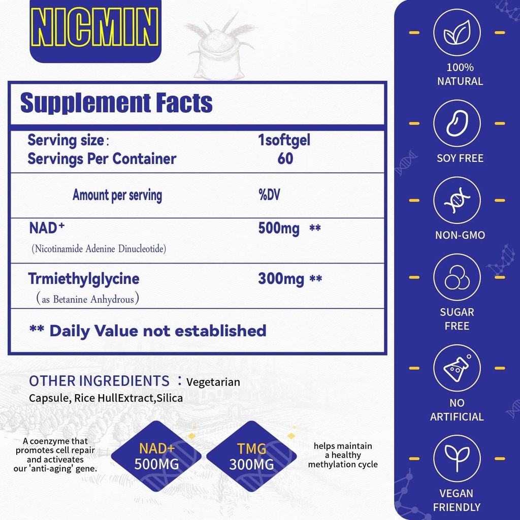 Liposomal NAD+ Suplemento 800mg con TMG 300mg, Max Absorption Actual NAD+ Suplemento(No un precursor para energía celular, envejecimiento saludable y reparación de músculo 60 cápsulas