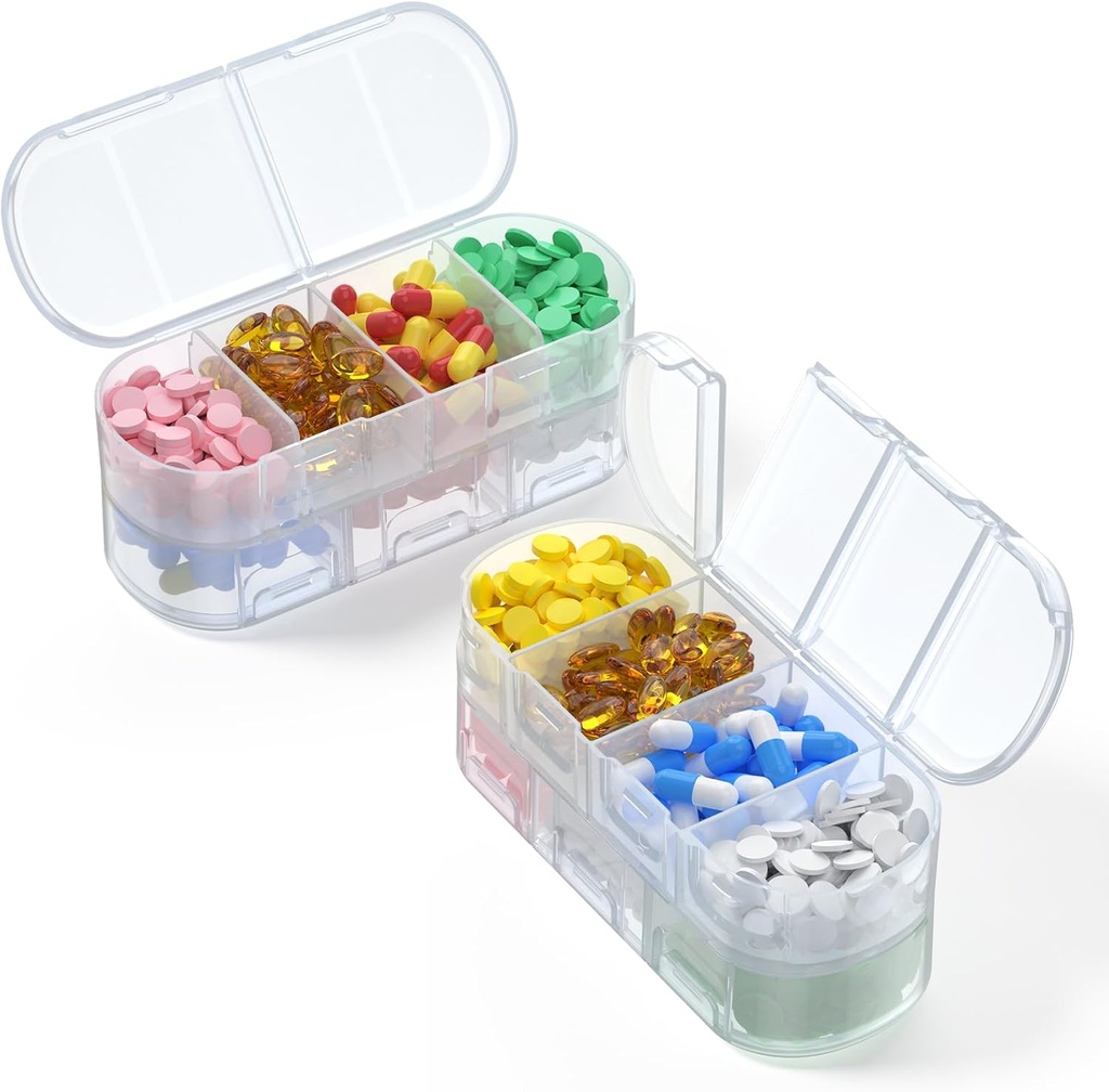 Organizador semanal de píldoras Viajes,4/3/2 Tiempos por día, Diseño de apertura de doble asiento, Caja de píldoras portátiles para almacenar vitaminas/ aceites de mosca/Medicación/Suplementos (2PC White)