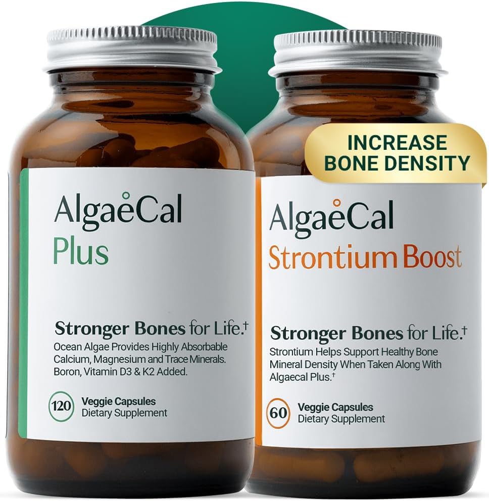 AlgaeCal - Bone Builder Pack for Bone Density Increase, Clinically Supported Plant Based Calcium Suplemento " Strontium, Vitamins K2 (100mg), D3 (1600 UI), Magnesium " 16 nutrientes esenciales