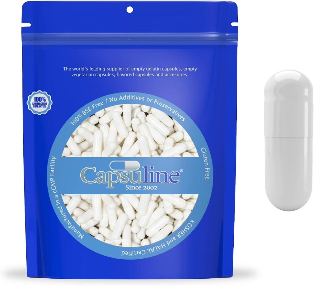 Capsuline Coloreado Tamaño 0 Empty Gelatin Capsules White/White 50000 Cuenta SilencioFabricada en América del Norte y del Sur AnteriorKosher " Halal Certified ←Gluten Free