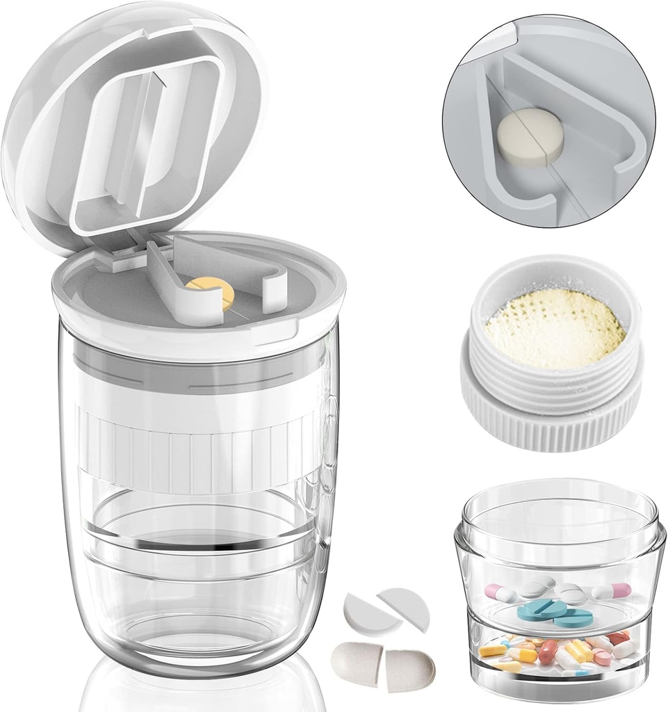 White-1 Pill Splitter and Cutter, Crushes Tablets, Vitamins, Stainless Steel Blade, Removable Drinking Cup