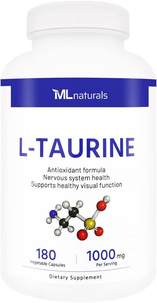 ML Naturals L-Taurina 1000 mg 180 cápsulas vegetales. 99,9% Puridad L-Taurina. Nervous System Health & Antioxidant Support, NSF-Certified & cGMP-Compliant.