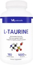 ML Naturals L-Taurina 1000 mg 180 cápsulas vegetales. 99,9% Puridad L-Taurina. Nervous System Health & Antioxidant Support, NSF-Certified & cGMP-Compliant.